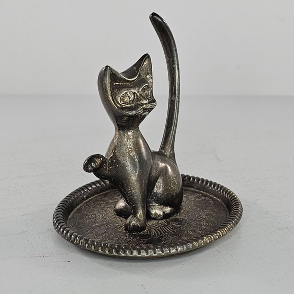 Vintage Silver Plated Cat Kitten Ring Holder Jewelry Dish Hong Kong - Picture 2 of 8